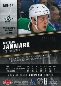 2015-16 Fleer Showcase Metal Universe Rookies Red MPG #MU-14 Mattias Janmark  back