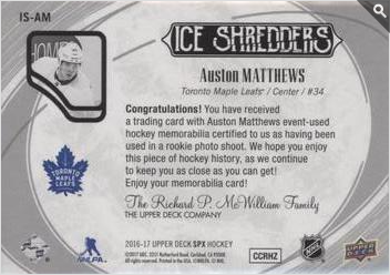 2016-17 SPx  Ice Shredders #IS-AM Auston Matthews  back