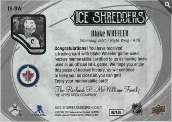 2016-17 SPx  Ice Shredders #IS-BW Blake Wheeler  back