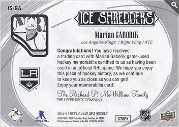 2016-17 SPx  Ice Shredders #IS-GA Marian Gaborik  back