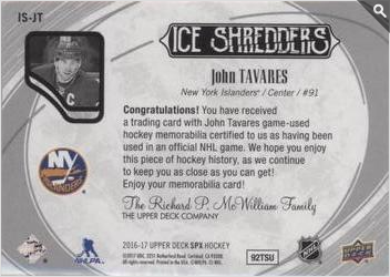 2016-17 SPx  Ice Shredders #IS-JT John Tavares  back