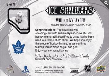 2016-17 SPx  Ice Shredders #IS-WN William Nylander  back