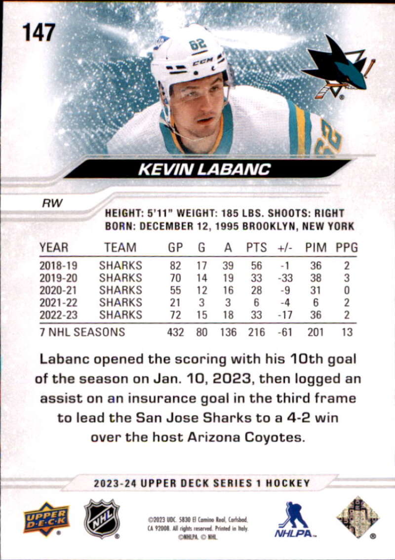 2023-24 Upper Deck #147 Kevin Labanc  back