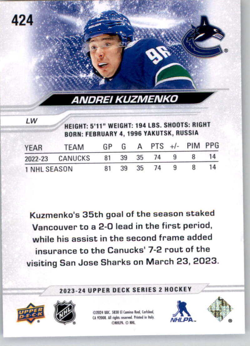 2023-24 Upper Deck #424 Andrei Kuzmenko  back